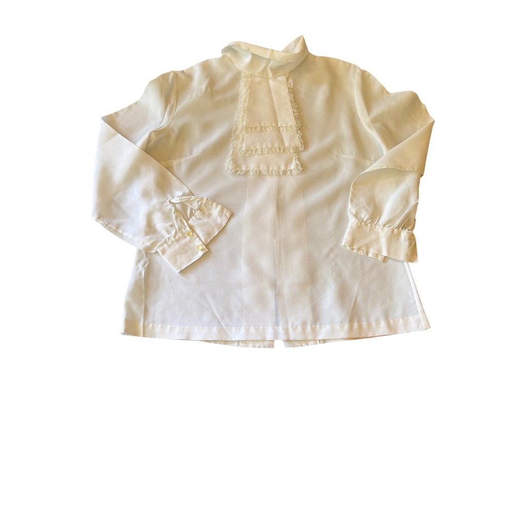 Rhoda Lee Blouse Cream Vintage Lace Jabot High Neck Button Back Long Sleeve 34